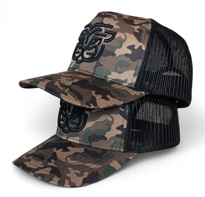 Custom Snap Back Printed Camo Trucker Hat 3D Embroidery High Quality Adult Camouflage 5 Panel Mesh Trucker Cap