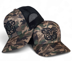 Custom Snap Back Printed Camo Trucker Hat 3D Embroidery High Quality Adult Camouflage 5 Panel Mesh Trucker Cap