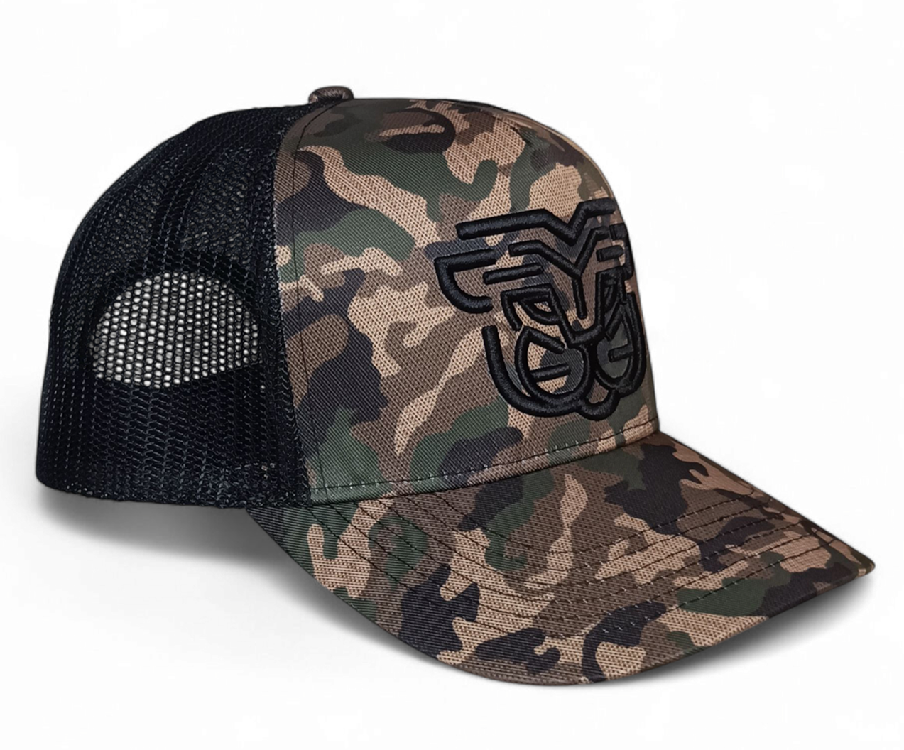 Custom Snap Back Printed Camo Trucker Hat 3D Embroidery High Quality Adult Camouflage 5 Panel Mesh Trucker Cap