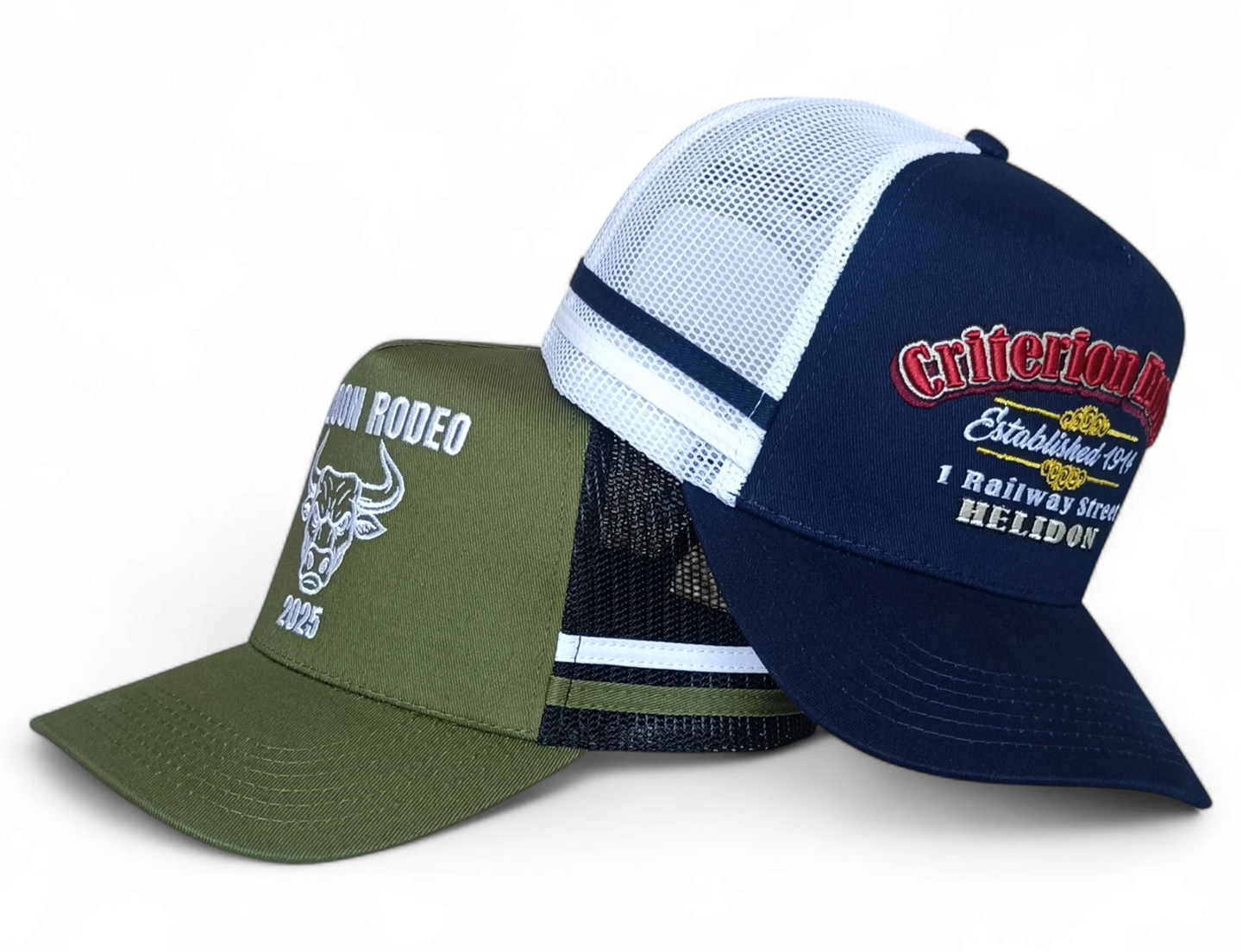 Wholesale Custom High Profile 5 Panel Australia Country 2 Side Stripes 3D Embroidery Logo Navy Outdoor Mesh Trucker Hat Cap