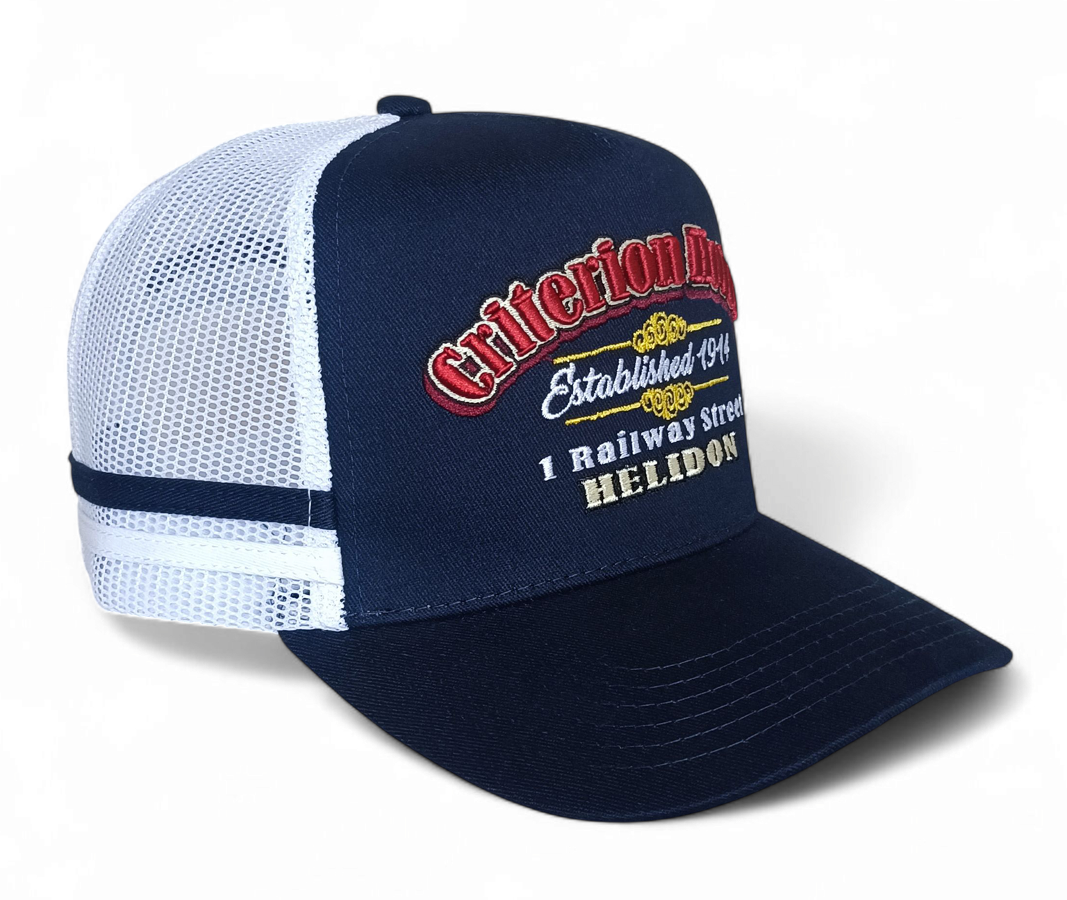Wholesale Custom High Profile 5 Panel Australia Country 2 Side Stripes 3D Embroidery Logo Navy Outdoor Mesh Trucker Hat Cap