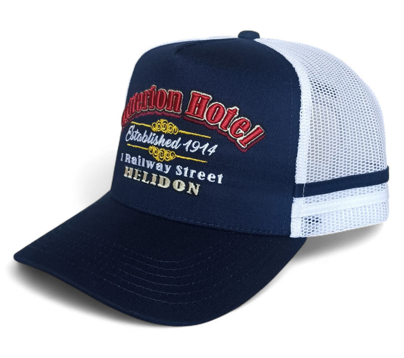 Wholesale Custom High Profile 5 Panel Australia Country 2 Side Stripes 3D Embroidery Logo Navy Outdoor Mesh Trucker Hat Cap