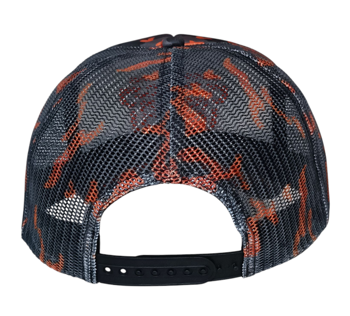 Custom Blank 5 Panel Wholesale Full Printed Camo Orange Unisex Leopard Camo Print Foam Back Mesh Printing Trucker Cap Hats