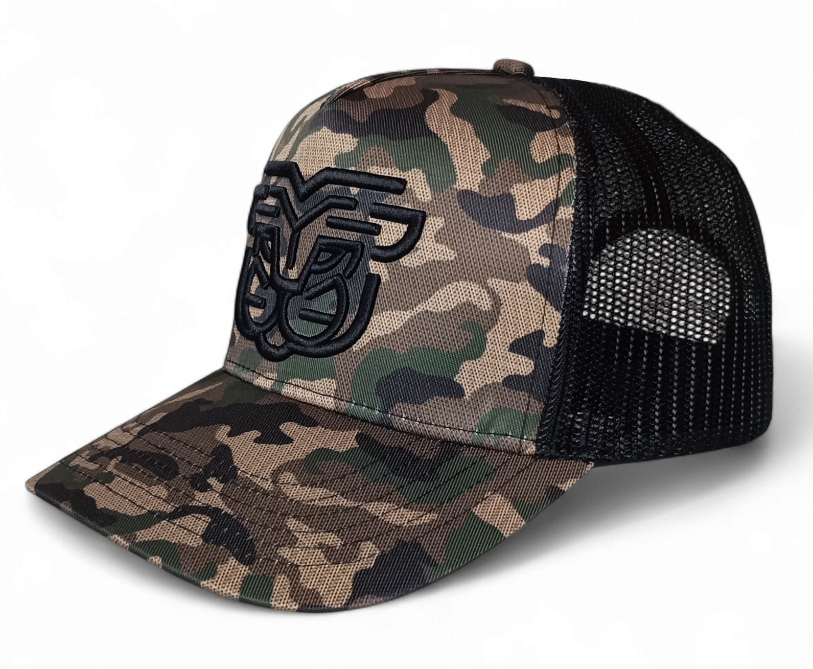 Custom Snap Back Printed Camo Trucker Hat 3D Embroidery High Quality Adult Camouflage 5 Panel Mesh Trucker Cap