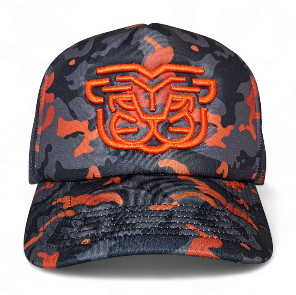 Custom Blank 5 Panel Wholesale Full Printed Camo Orange Unisex Leopard Camo Print Foam Back Mesh Printing Trucker Cap Hats