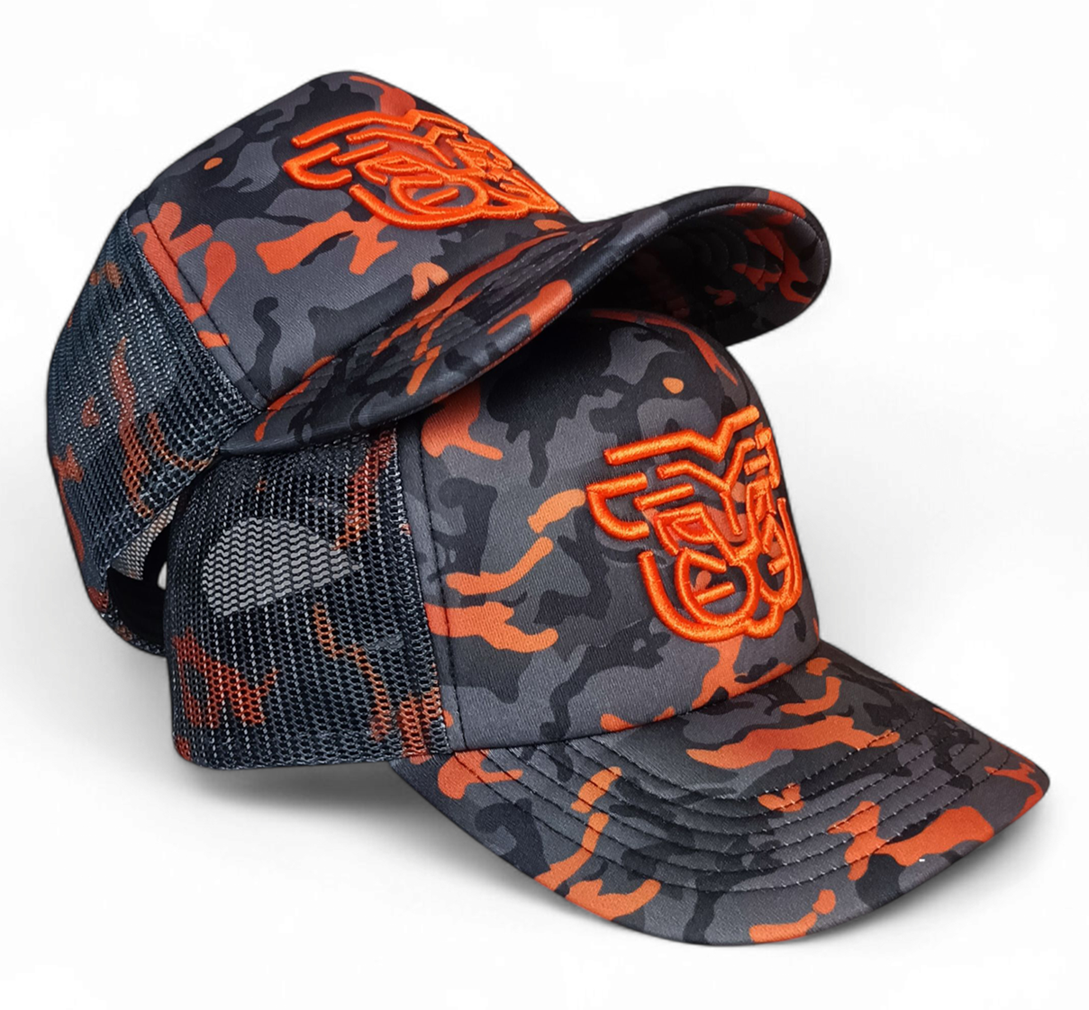 Custom Blank 5 Panel Wholesale Full Printed Camo Orange Unisex Leopard Camo Print Foam Back Mesh Printing Trucker Cap Hats