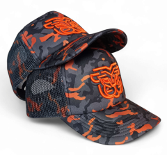 Custom Blank 5 Panel Wholesale Full Printed Camo Orange Unisex Leopard Camo Print Foam Back Mesh Printing Trucker Cap Hats