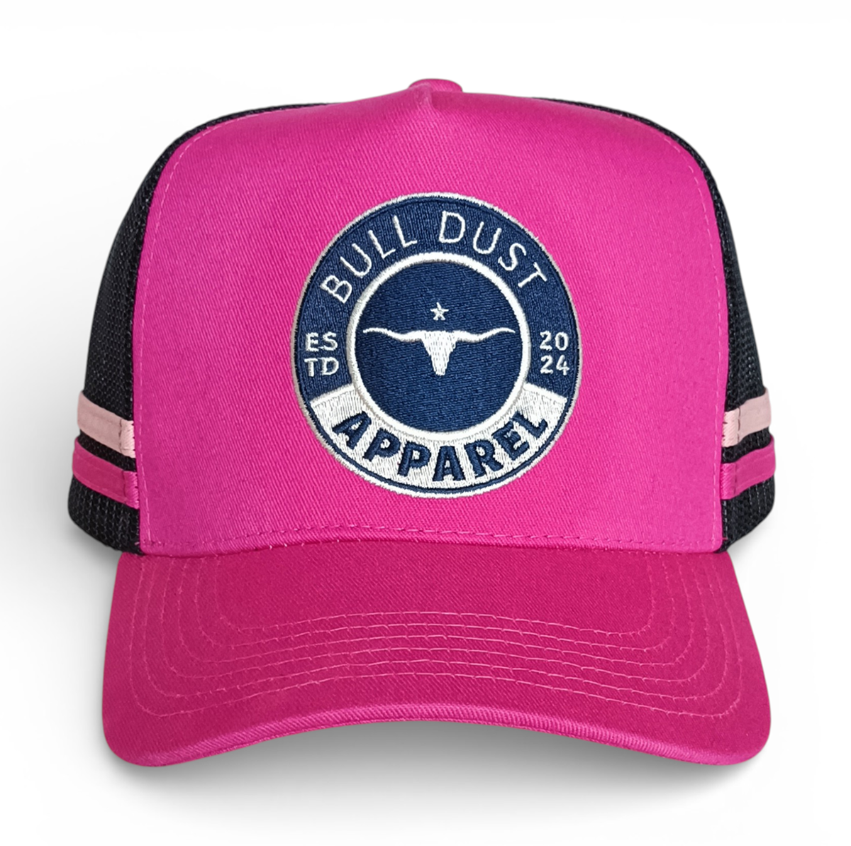 OEM Factory Trucker Hat with Embroidered logo Side Stripes 5 Panel High Profile Sport Snapback Cap Custom pink Trucker Hat