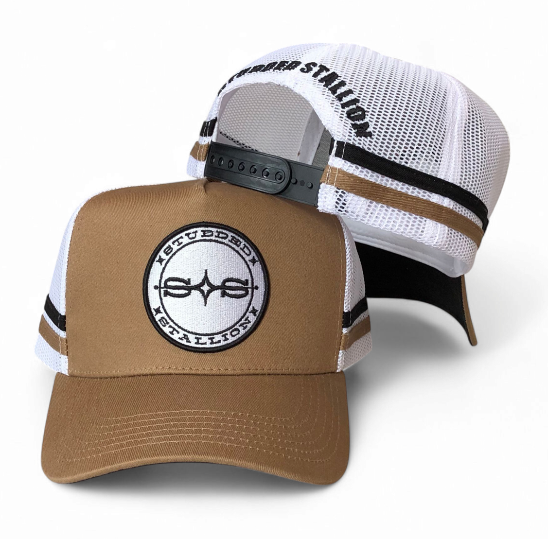 Custom Embroidered Patch Logo 5 Panel Men Trucker Hats Personalised Tan Mesh Trucker Cap With 2 Side Stripes Country Trucker Cap