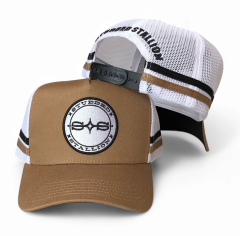 Custom Embroidered Patch Logo 5 Panel Men Trucker Hats Personalised Tan Mesh Trucker Cap With 2 Side Stripes Country Trucker Cap