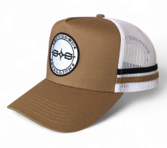 Custom Embroidered Patch Logo 5 Panel Men Trucker Hats Personalised Tan Mesh Trucker Cap With 2 Side Stripes Country Trucker Cap