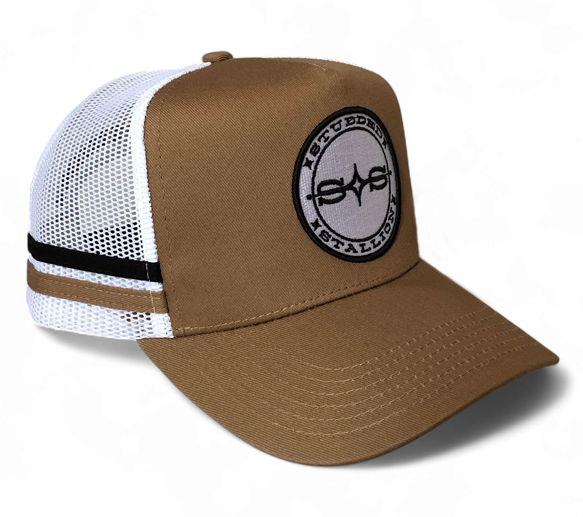 Custom Embroidered Patch Logo 5 Panel Men Trucker Hats Personalised Tan Mesh Trucker Cap With 2 Side Stripes Country Trucker Cap