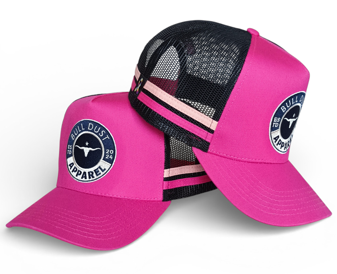 OEM Factory Trucker Hat with Embroidered logo Side Stripes 5 Panel High Profile Sport Snapback Cap Custom pink Trucker Hat