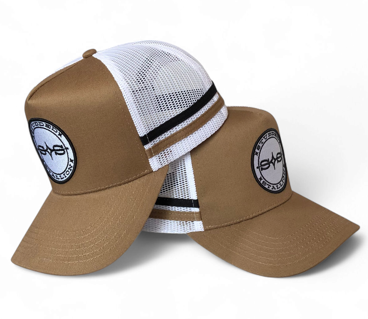 Custom Embroidered Patch Logo 5 Panel Men Trucker Hats Personalised Tan Mesh Trucker Cap With 2 Side Stripes Country Trucker Cap