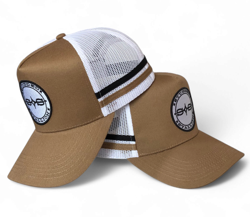 Custom Embroidered Patch Logo 5 Panel Men Trucker Hats Personalised Tan Mesh Trucker Cap With 2 Side Stripes Country Trucker Cap