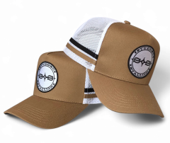 Custom Embroidered Patch Logo 5 Panel Men Trucker Hats Personalised Tan Mesh Trucker Cap With 2 Side Stripes Country Trucker Cap