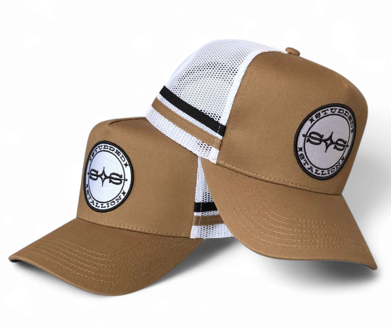 Custom Embroidered Patch Logo 5 Panel Men Trucker Hats Personalised Tan Mesh Trucker Cap With 2 Side Stripes Country Trucker Cap