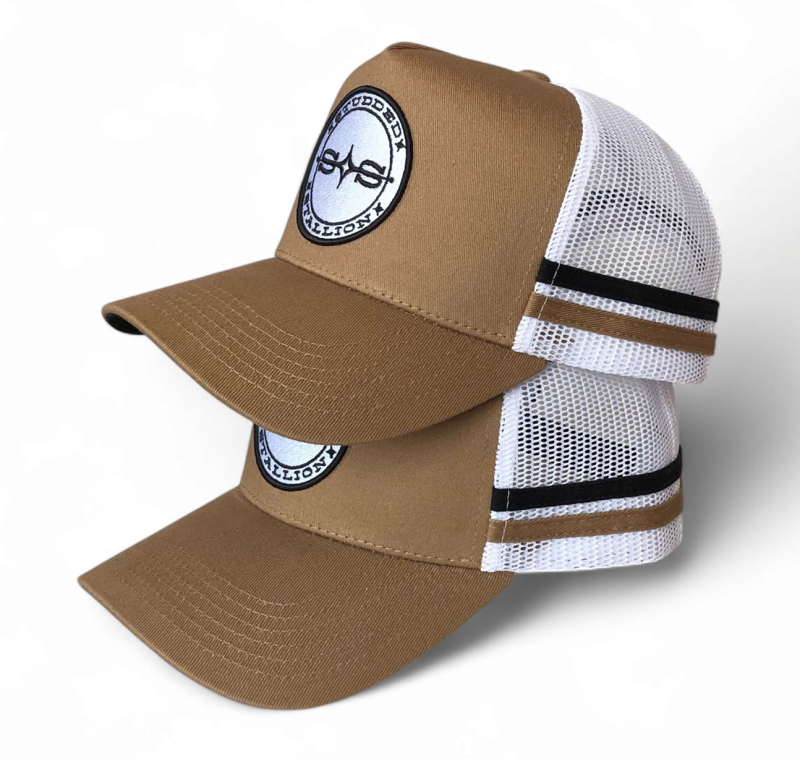 Custom Embroidered Patch Logo 5 Panel Men Trucker Hats Personalised Tan Mesh Trucker Cap With 2 Side Stripes Country Trucker Cap
