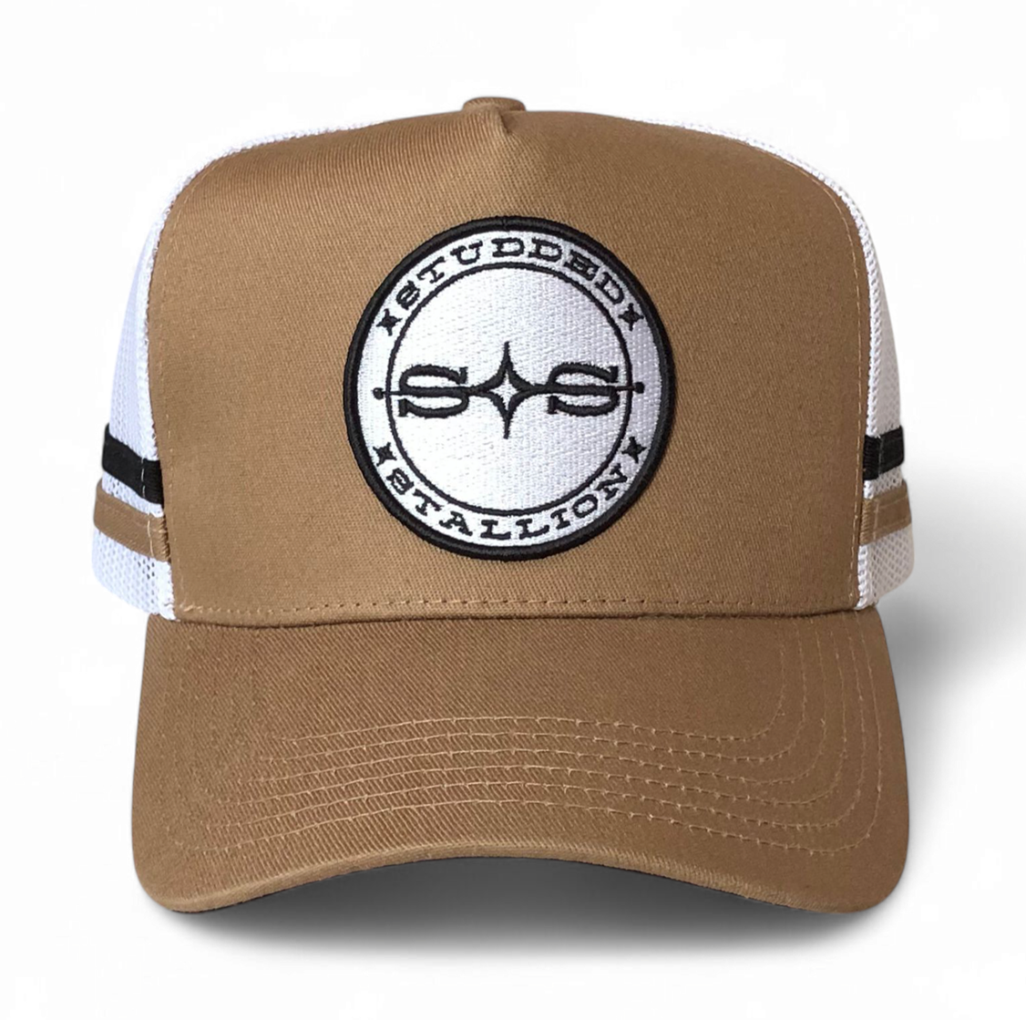 Custom Embroidered Patch Logo 5 Panel Men Trucker Hats Personalised Tan Mesh Trucker Cap With 2 Side Stripes Country Trucker Cap