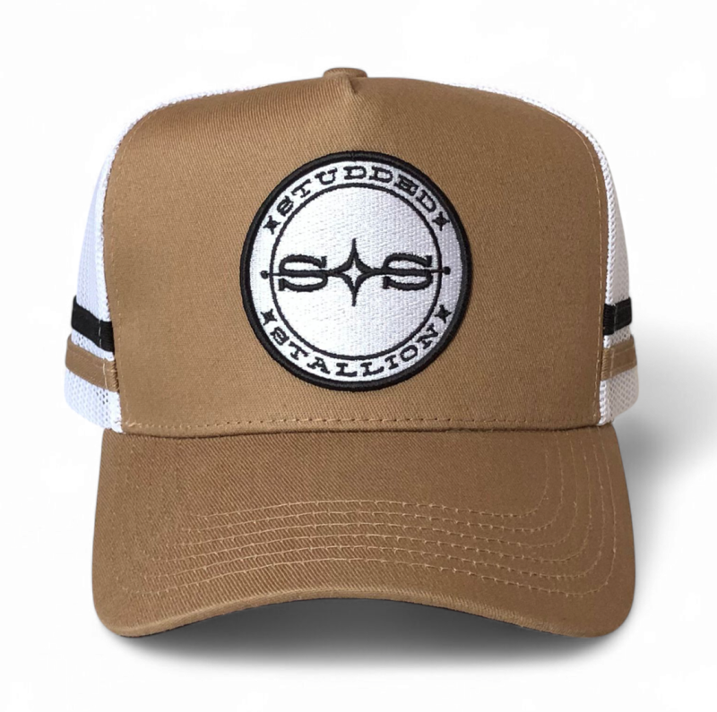 Custom Embroidered Patch Logo 5 Panel Men Trucker Hats Personalised Tan Mesh Trucker Cap With 2 Side Stripes Country Trucker Cap