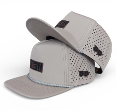 custom 5 panel waterproof hat laser cut golf hat flat brim with rubber patch logo snapback cap