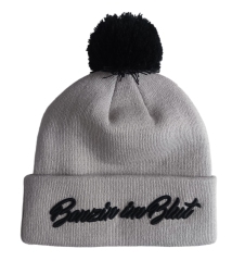 OEM High Quality Low MOQ Grey Men Winter Fashion Jacquard Custom 3D Embroidery Logo Toque With Pom Pom Knitted Bobble Beanie Hat