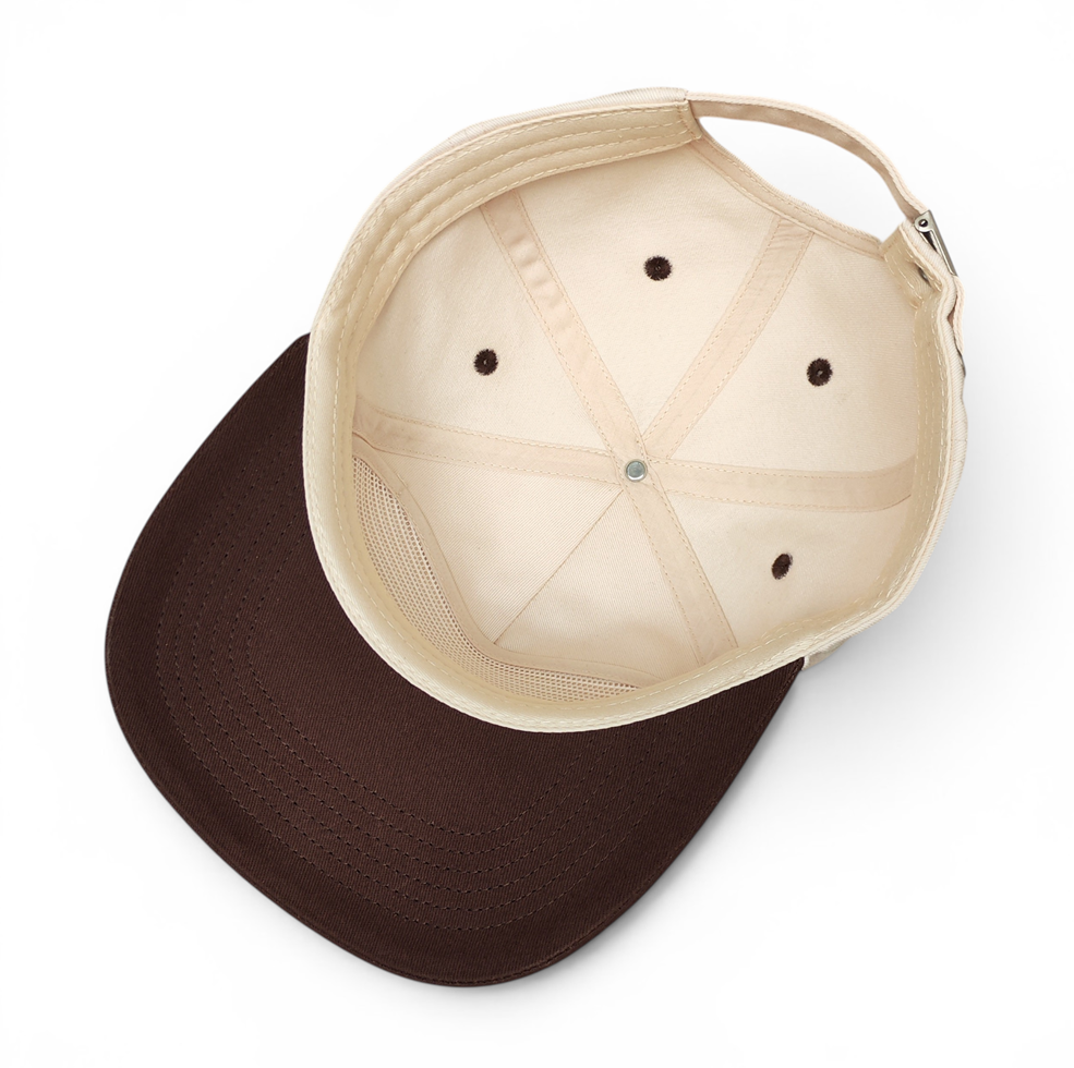 Vintage 100% Cotton Two Tones Snapback Hat Unstructured Custom flat embroidery Beige Brown 5 Panel Slightly Curved Brim Snapback Cap