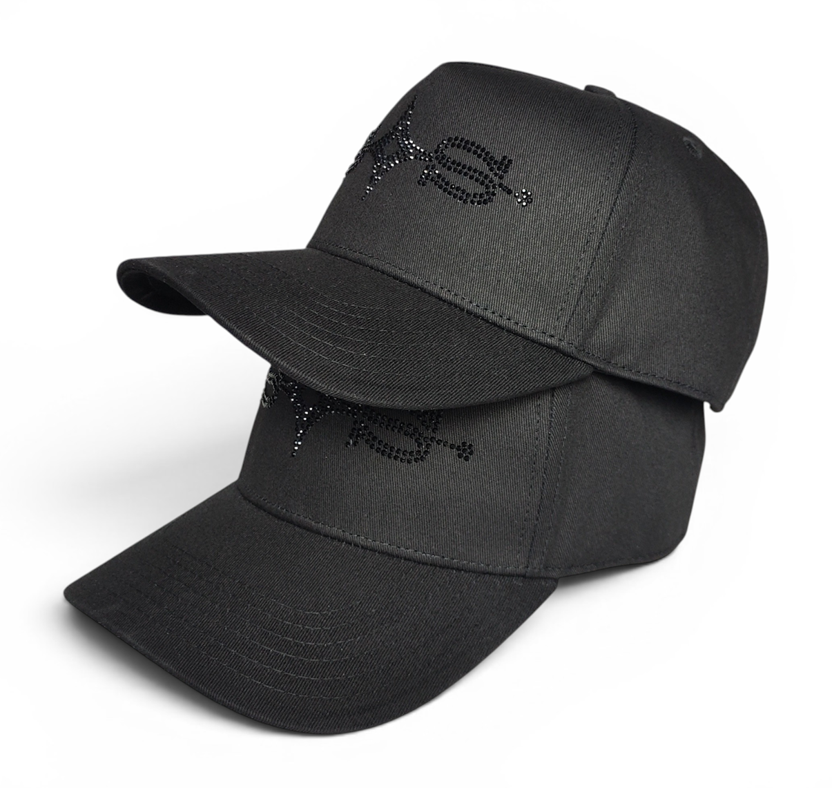 OEM Custom Premium Black Rhinestones Hat Embroidery Logo Hip Hop Streetwear 5 Panel Baseball Cap