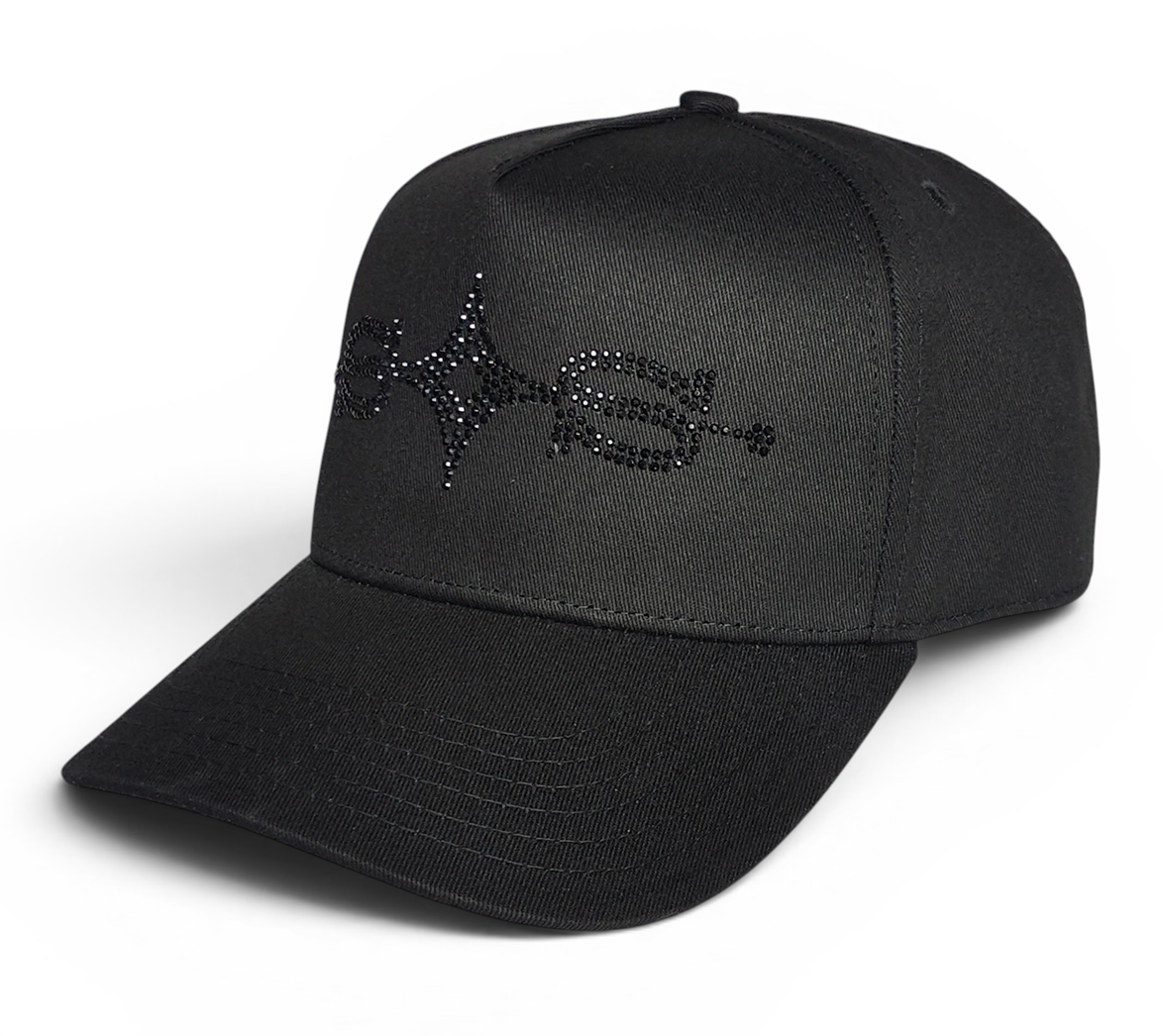OEM Custom Premium Black Rhinestones Hat Embroidery Logo Hip Hop Streetwear 5 Panel Baseball Cap