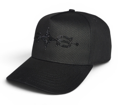 OEM Custom Premium Black Rhinestones Hat Embroidery Logo Hip Hop Streetwear 5 Panel Baseball Cap
