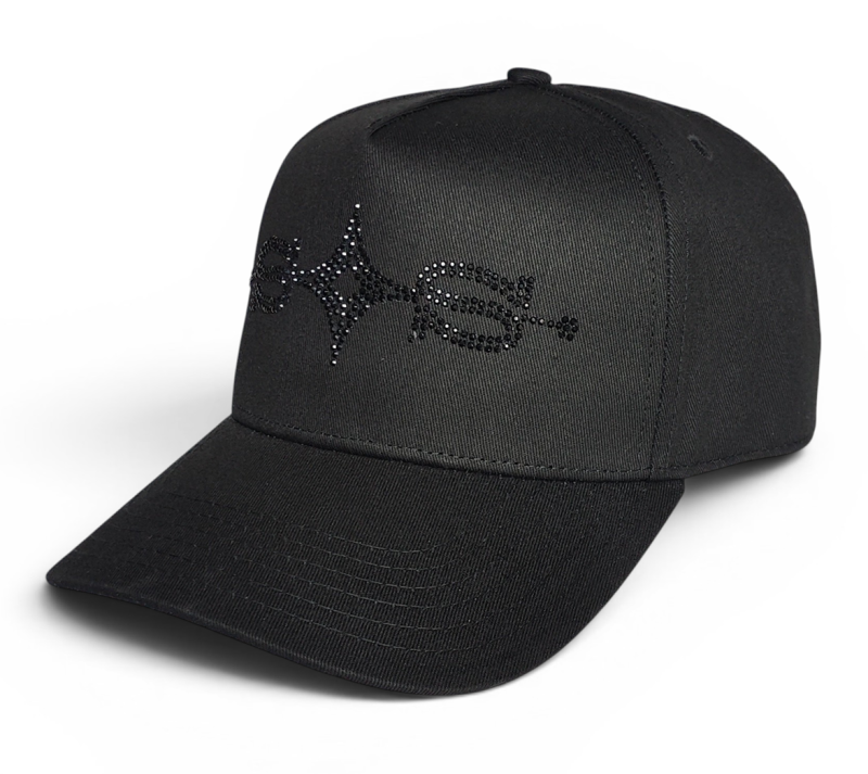 OEM Custom Premium Black Rhinestones Hat Embroidery Logo Hip Hop Streetwear 5 Panel Baseball Cap