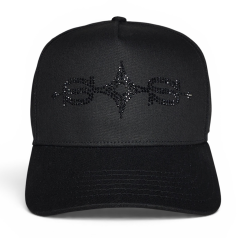 OEM Custom Premium Black Rhinestones Hat Embroidery Logo Hip Hop Streetwear 5 Panel Baseball Cap