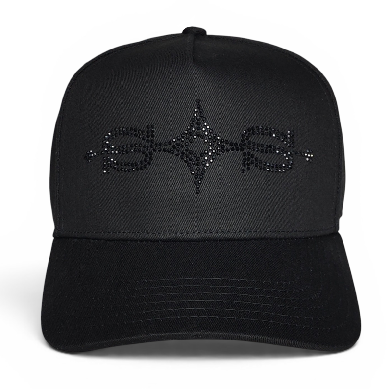 OEM Custom Premium Black Rhinestones Hat Embroidery Logo Hip Hop Streetwear 5 Panel Baseball Cap