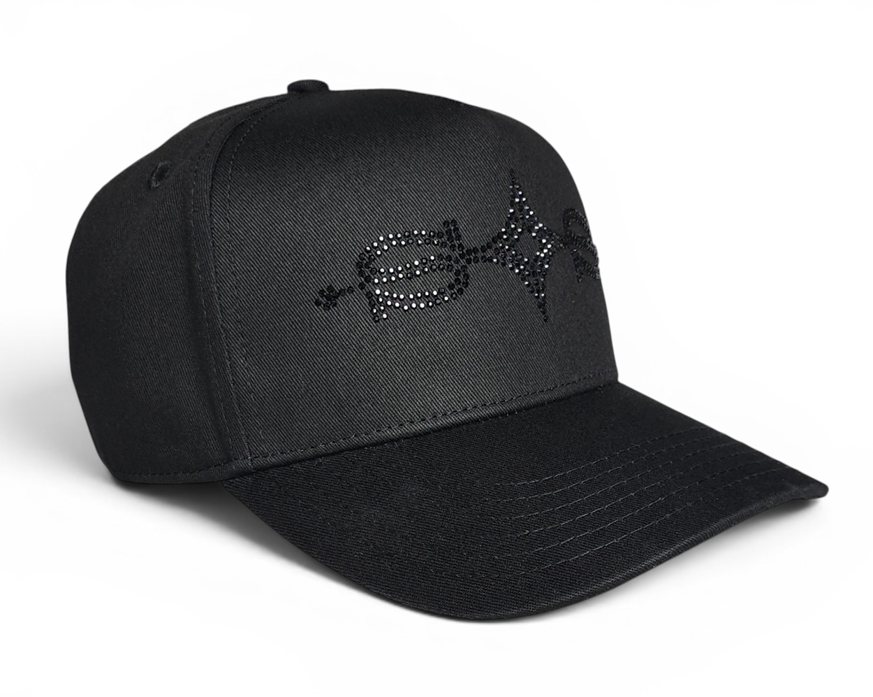OEM Custom Premium Black Rhinestones Hat Embroidery Logo Hip Hop Streetwear 5 Panel Baseball Cap