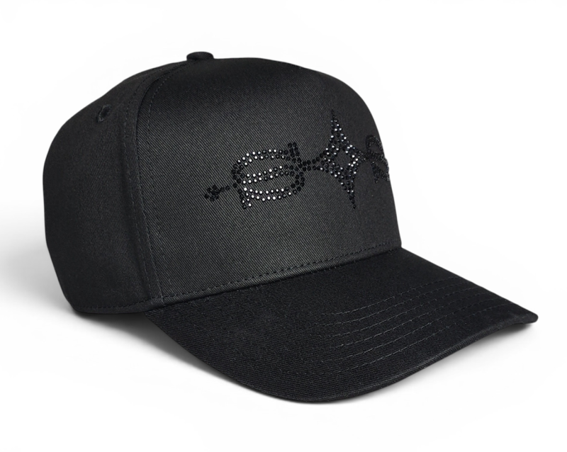 OEM Custom Premium Black Rhinestones Hat Embroidery Logo Hip Hop Streetwear 5 Panel Baseball Cap