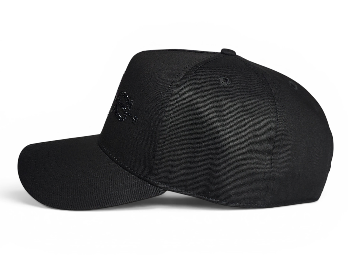 OEM Custom Premium Black Rhinestones Hat Embroidery Logo Hip Hop Streetwear 5 Panel Baseball Cap