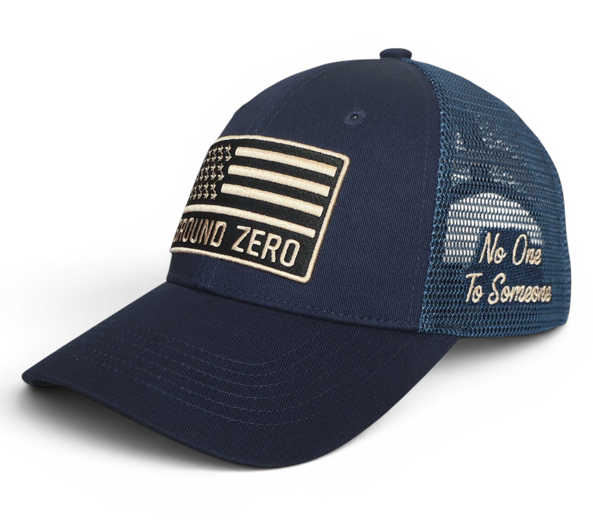 High Quality Customised Mesh Navy Blue Trucker Caps 6 Panel 3d Embroidery Patch Curved Brim Trucker Hat