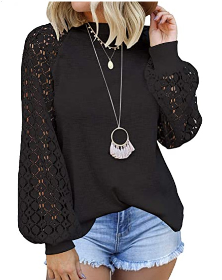 Women's Long Sleeve Tops Lace Casual Loose Blouses T Shirts