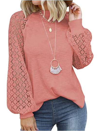 Women's Long Sleeve Tops Lace Casual Loose Blouses T Shirts