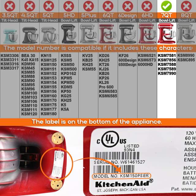 Stainless Steel Mixer Bowl Compatible with 7 Quart KitchenAid Bowl-Lift Stand Mixers