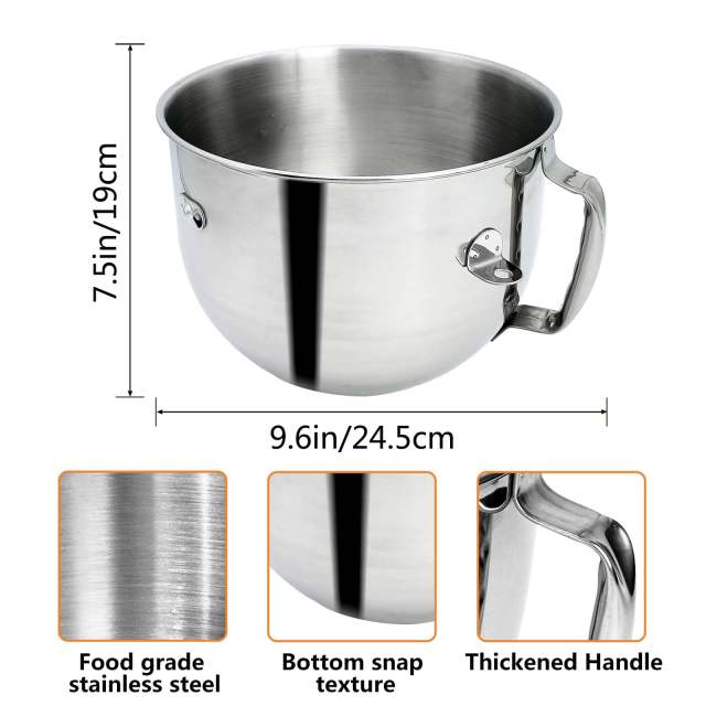 Stainless Steel Mixer Bowl Compatible with 7 Quart KitchenAid Bowl-Lift Stand Mixers