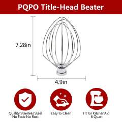 Stainless Steel 6-Wire Whip Attachment Compatible with KitchenAid 6 Quart Bowl-Lift Stand Mixer, Egg Heavy Cream Beater