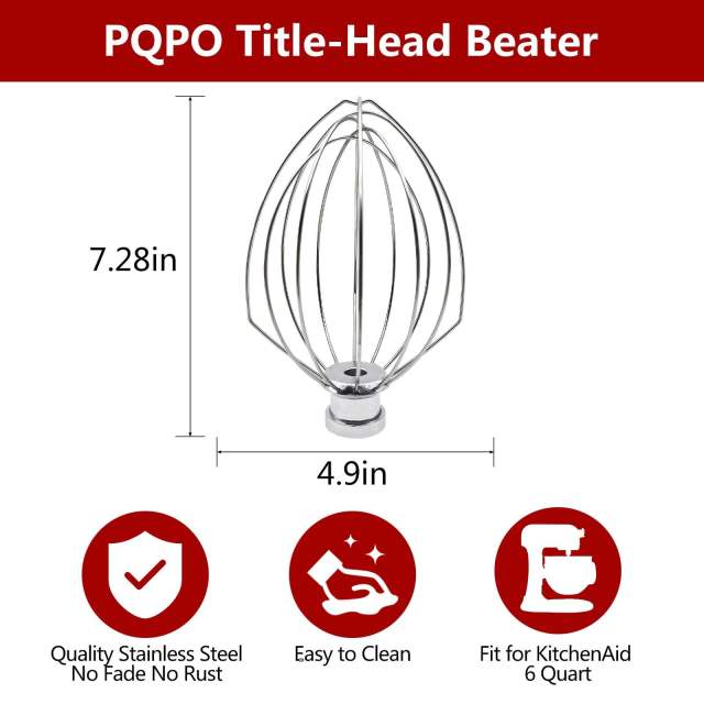Stainless Steel 6-Wire Whip Attachment Compatible with KitchenAid 6 Quart Bowl-Lift Stand Mixer, Egg Heavy Cream Beater