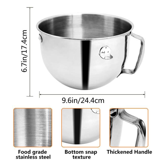 Stainless Steel Mixer Bowl Compatible with 6 Quart Kitchenaid Bowl-Lift Stand Mixers