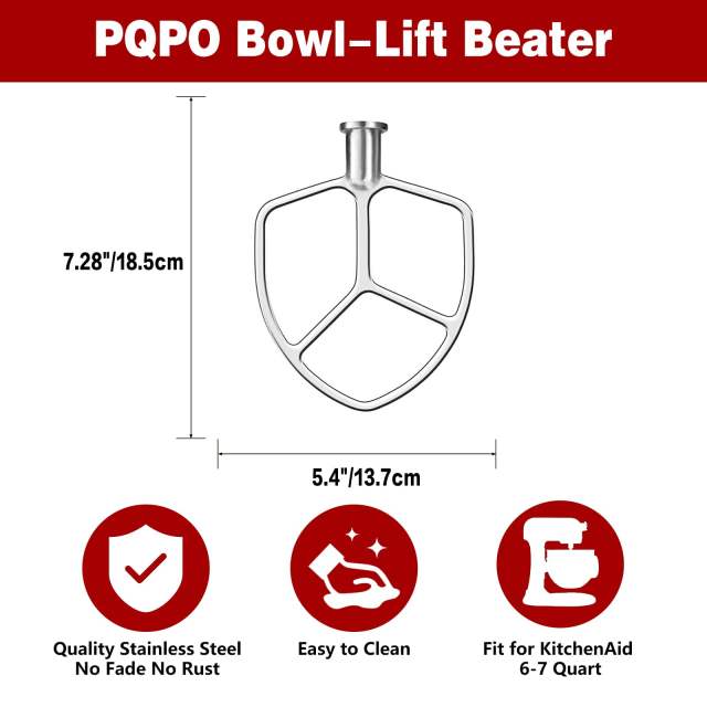 Stainless Steel Flat Beater Compatible with KitchenAid 6 Quart Bowl-Lift Stand Mixers