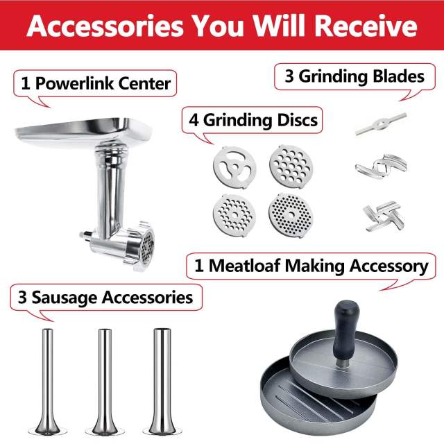 Metal Grinder Attachment Compatible with KitchenAid Stand Mixers, Meat Grinder Accessories Including Grinder Plates, Grinder Blades, Sausage Tubes, Burger Patty Presses.