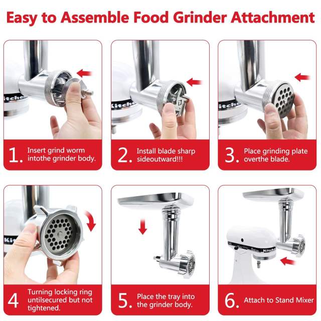 Metal Grinder Attachment Compatible with KitchenAid Stand Mixers, Meat Grinder Accessories Including Grinder Plates, Grinder Blades, Sausage Tubes, Burger Patty Presses.