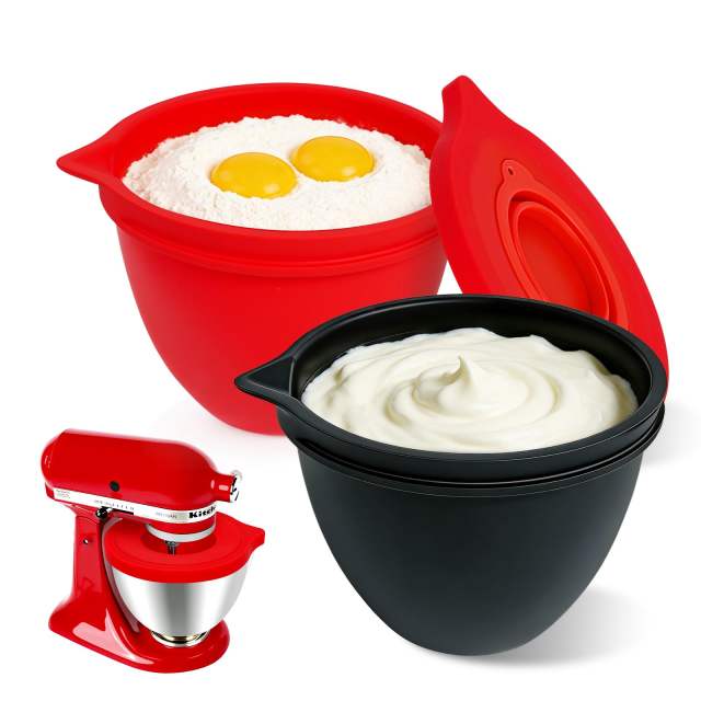 Silicone Liners Compatible with KitchenAid 4.5-5 Quart Tilt-Head mixer Bowl,2 Liners with Lids（Red＋Black）