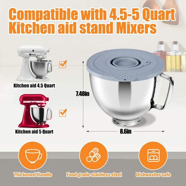 5 Quart Stainless Steel Mixer Bowl Set Compatible with KitchenAid 4.5-5 Quart Tilt-Head Stand Mixers,5 Quart mixing bowl replacement with Lid (Bowl＋White Cover）