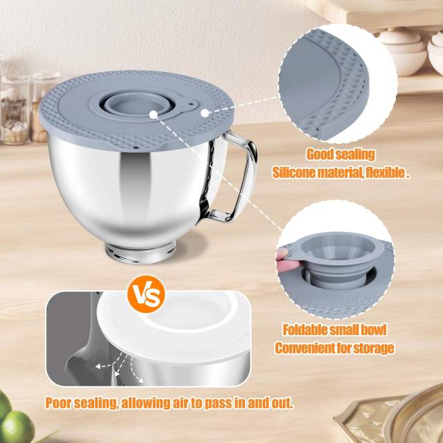 5 Quart Stainless Steel Mixer Bowl Set Compatible with KitchenAid 4.5-5 Quart Tilt-Head Stand Mixers,5 Quart mixing bowl replacement with Lid(Bowl＋Grey Cover）